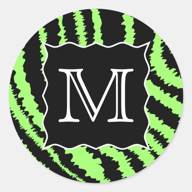 Custom Monogram Lime Green und Black Zebra Muster Runder Aufkleber (Vorderseite)
