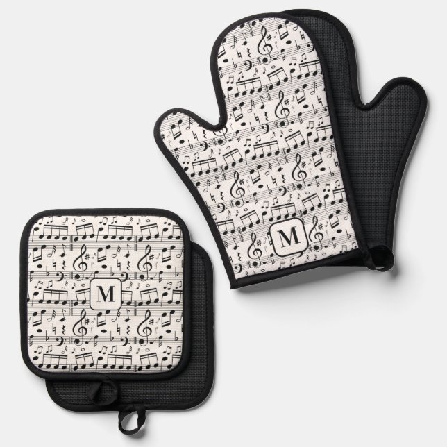 Custom Monogram Music Illustration Ofenhandschuh & Topflappen-Set (Vorderseite/Rückseite)
