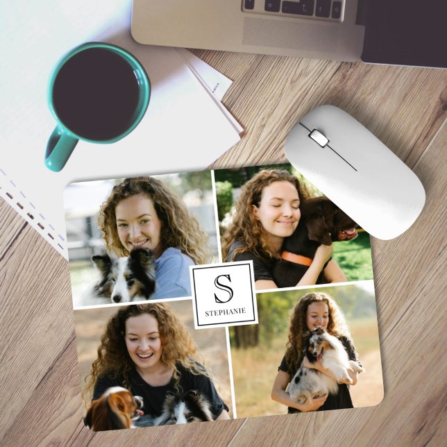 Custom Monogram & Name 4 Photo Collage Template Mousepad (Von Creator hochgeladen)