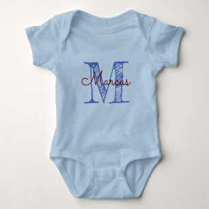 Custom Monogram Name Blue Baby Boy Hand Letter Baby Strampler