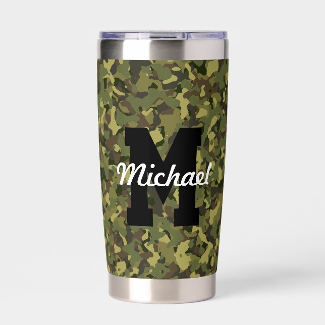 Custom Monogram Name Cool Sports Men Green Camoufl Thermobecher (Vorderseite)