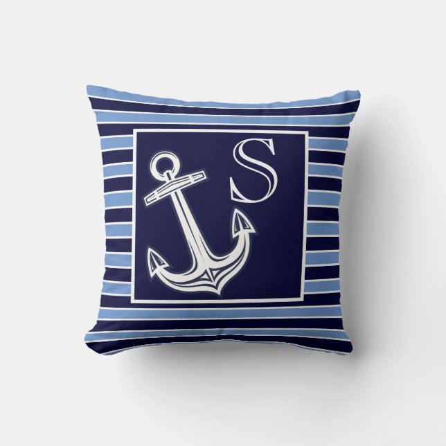Custom Monogram Nautical Anchor Navy Blue Streifen Kissen (Vorderseite)