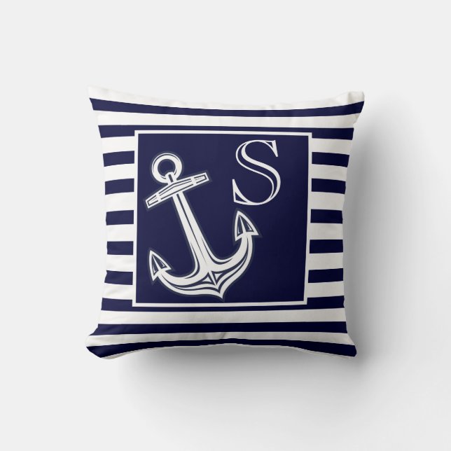 Custom Monogram Nautical Anchor Navy Blue Streifen Kissen (Vorderseite)