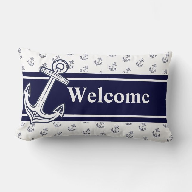 Custom Monogram Nautical Anchor Navy Blue White Lendenkissen (Vorderseite)