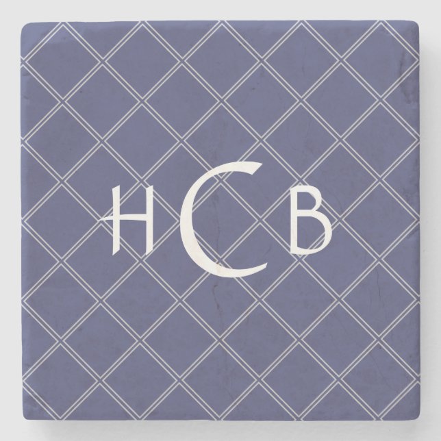 Custom Monogram Navy Blue und Silver Geometric Steinuntersetzer (Vorderseite)