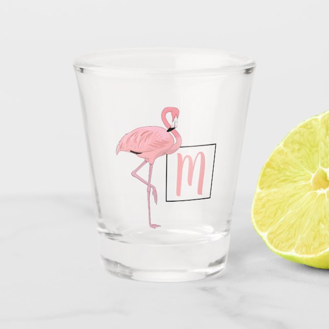 Custom Monogram Niedlich Pink Flamingo Wasserfarbe Schnapsglas (Vorderseite)