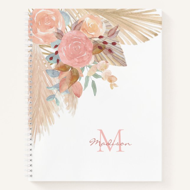 Custom Monogram Pampes Grass Floral Eukalyptus  Notizbuch (Vorderseite)