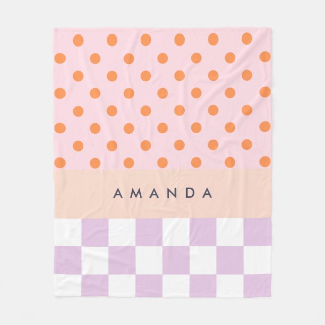 Custom Monogram Pastel Polka Dot Lilac Karo Gesche Fleecedecke (Vorderseite)