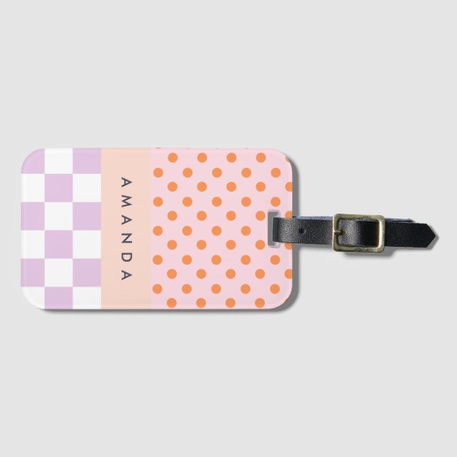 Custom Monogram Pastel Polka Dot Lilac Karo Gesche Gepäckanhänger (Vorderseite (Horizontal))