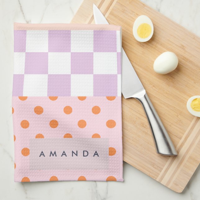 Custom Monogram Pastel Polka Dot Lilac Karo Gesche Geschirrtuch (Viertel Falte)
