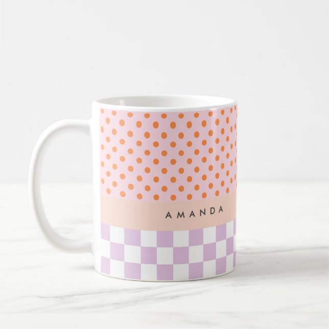 Custom Monogram Pastel Polka Dot Lilac Karo Gesche Kaffeetasse (Links)