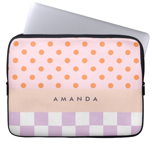 Custom Monogram Pastel Polka Dot Lilac Karo Gesche Laptopschutzhülle (Vorderseite)