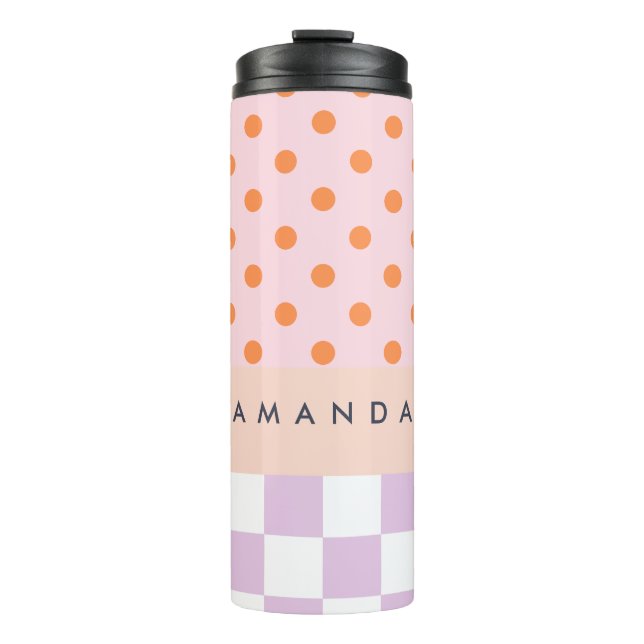 Custom Monogram Pastel Polka Dot Lilac Karo Gesche Thermosbecher (Vorderseite)