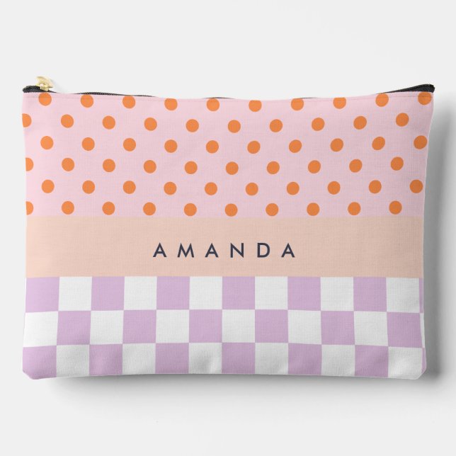 Custom Monogram Pastel Polka Dot Lilac Karo Gesche Zubehörtasche (Vorderseite)