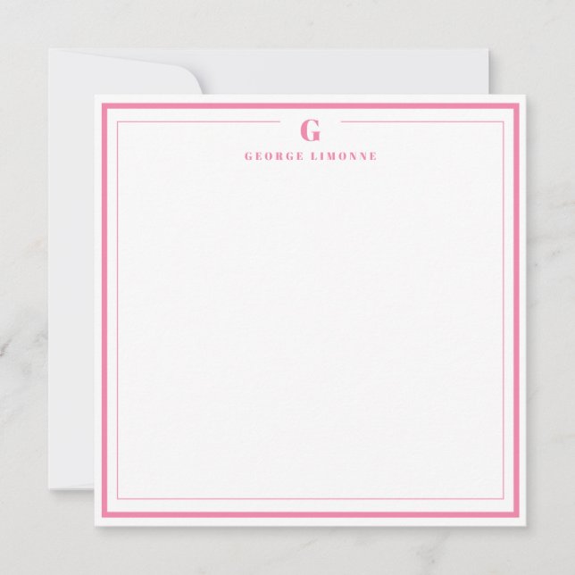 Custom Monogram Pink Border Stationery  Mitteilungskarte (Vorderseite)