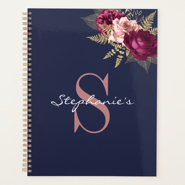 Custom Monogram Pink Burgundy Gold Floral Planer (Vorderseite)