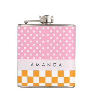 Custom Monogram Pink Orange Polka Dot Karo Flachmann