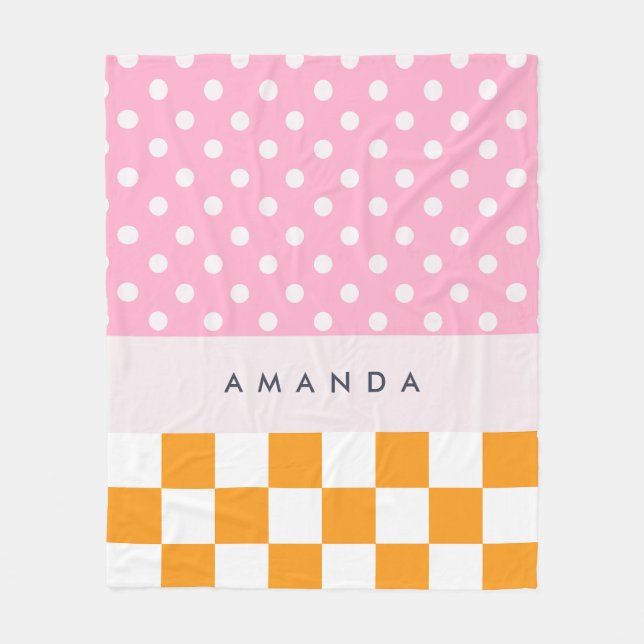 Custom Monogram Pink Orange Polka Dot Karo Fleecedecke (Vorderseite)
