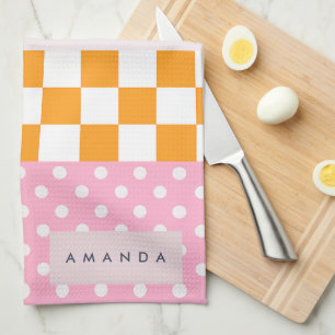 Custom Monogram Pink Orange Polka Dot Karo Geschirrtuch
