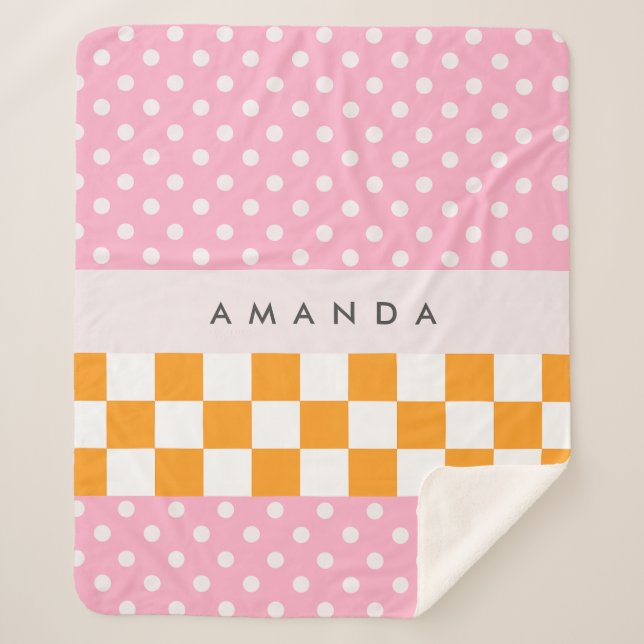 Custom Monogram Pink Orange Polka Dot Karo Sherpadecke (Vorderseite)