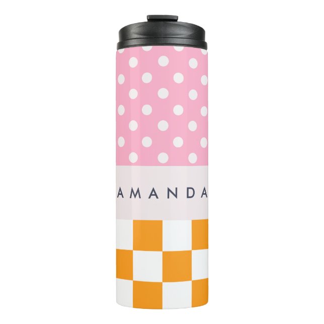 Custom Monogram Pink Orange Polka Dot Karo Thermosbecher (Vorderseite)