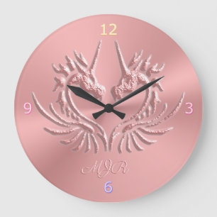 Custom Monogram, Pink, Scaly Dragon Heart Große Wanduhr