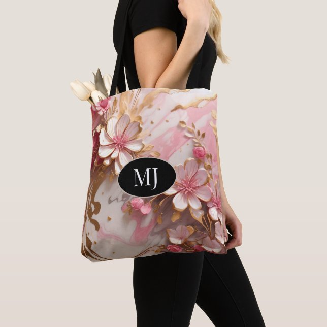 Custom Monogram Pink White Gold Floral Totbeutel (Von Nahem)