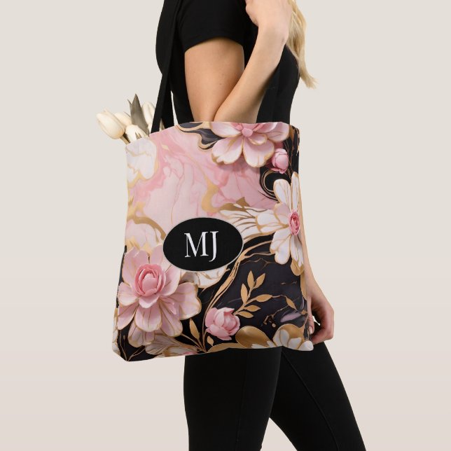 Custom Monogram Pink White Gold Floral Totbeutel (Von Nahem)