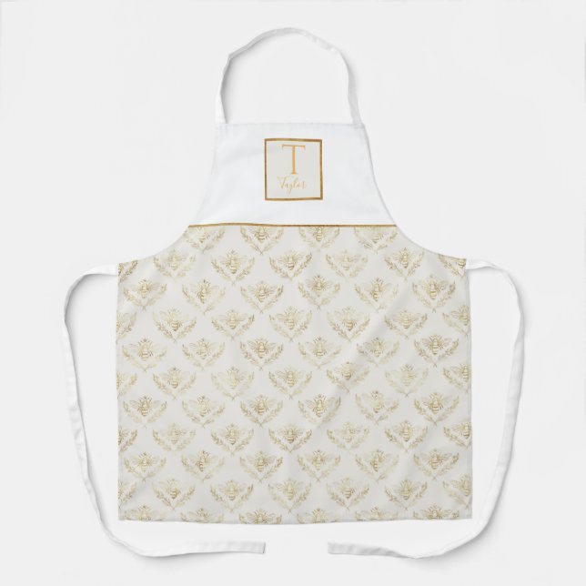 Custom Monogram, Queen Bee, Creme und Gold Schürze (Vorderseite)