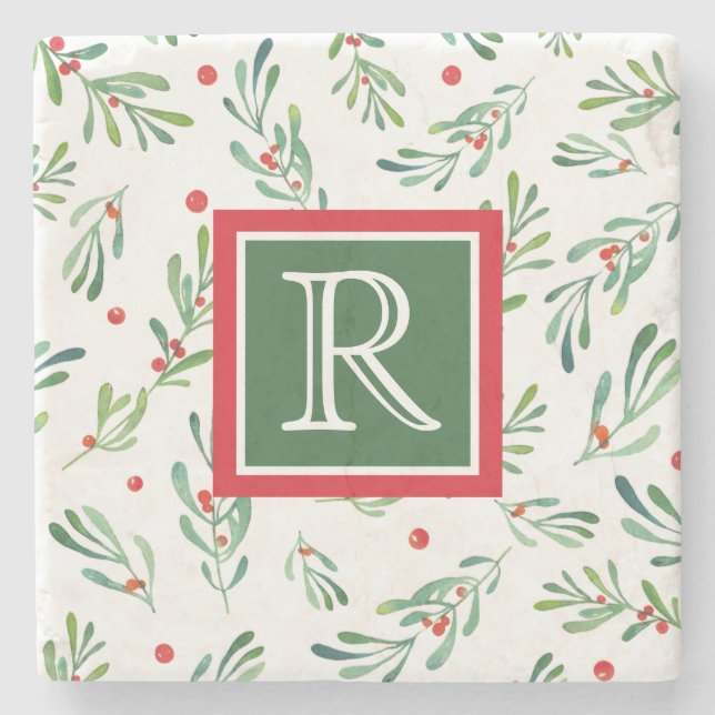 Custom Monogram Red and Green Christmas Folies Steinuntersetzer (Vorderseite)