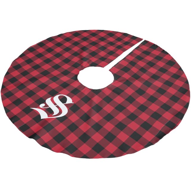 Custom Monogram Red Black Buffalo Kariert Polyester Weihnachtsbaumdecke (Schrägansicht)