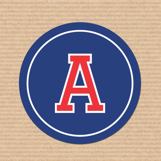 Custom Monogram Retro Typografy Navy Blue Red Runder Aufkleber (Von Creator hochgeladen)