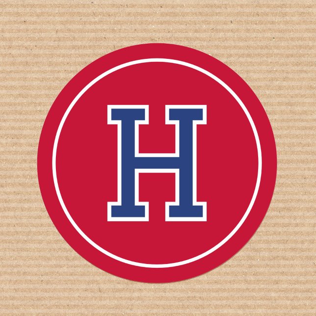 Custom Monogram Retro Typografy Navy Red Runder Aufkleber (Von Creator hochgeladen)