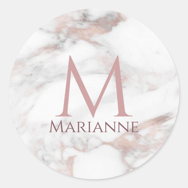 Custom Monogram Rose Gold Marble Moderne Elegant Runder Aufkleber (Vorderseite)
