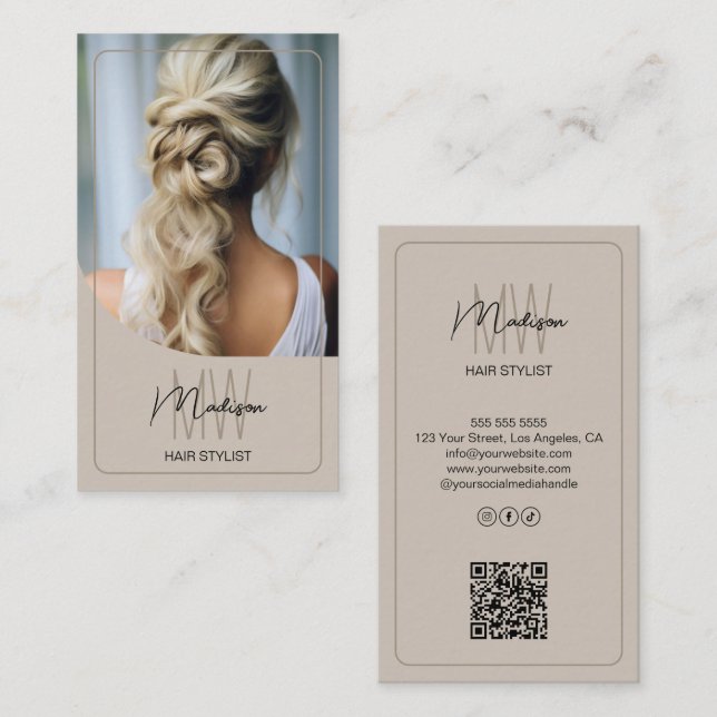 Custom Monogram Script Hair Stylist Salon Foto QR Visitenkarte (Vorne/Hinten)