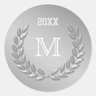 Custom Monogram Silver Grau Laurel Wreath Runder Aufkleber