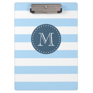 Custom Monogram Sky Blue and Navy Bold Stripes Klemmbrett