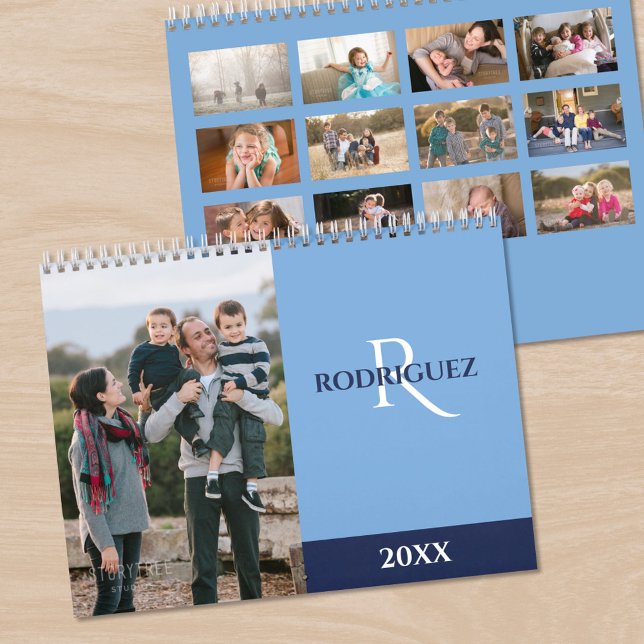 Custom Monogram Spanish Light Blue Photo Kalender (Custom Monogram Spanish Light Blue Photo Calendar, front/back)