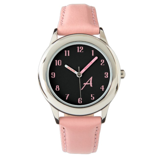 Custom Monogram Stylish Black And Pink Dial Girls Armbanduhr (Vorderseite)