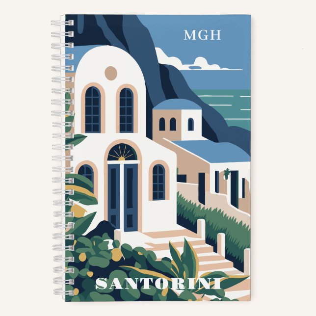 Custom Monogram & Text Santorini Griechenland Notizbuch (Vorderseite)