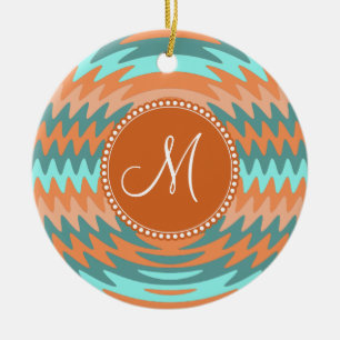 Custom Monogram Tribal Coral Aqua Ripples Waves Keramikornament