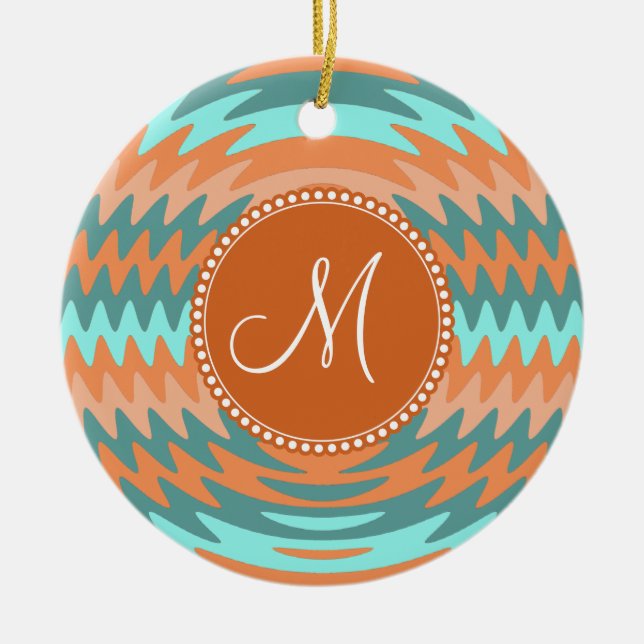 Custom Monogram Tribal Coral Aqua Ripples Waves Keramikornament (Vorne)