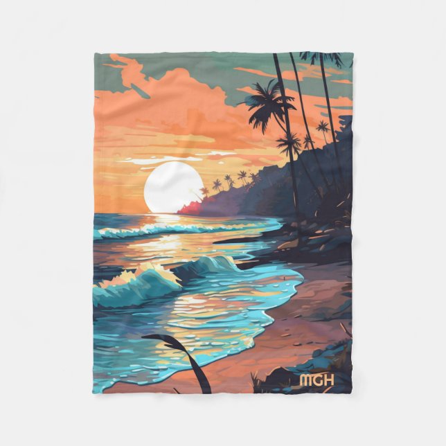 Custom Monogram Tropical Beach Sunset Fleecedecke (Vorderseite)