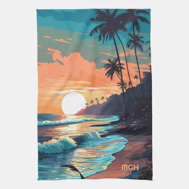 Custom Monogram Tropical Beach Sunset Geschirrtuch (Vertikal)