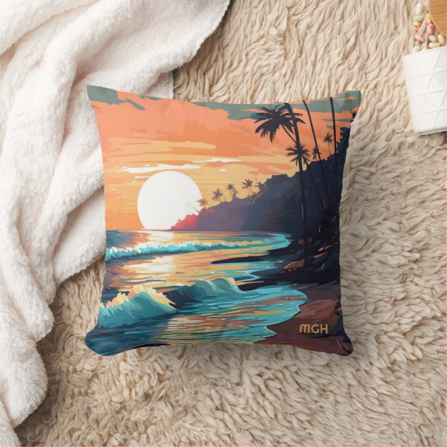 Custom Monogram Tropical Beach Sunset Kissen (Decke)