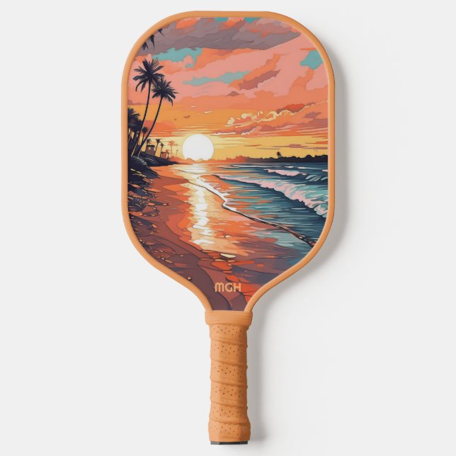 Custom Monogram Tropical Beach Sunset Pickleball Schläger (Vorderseite)