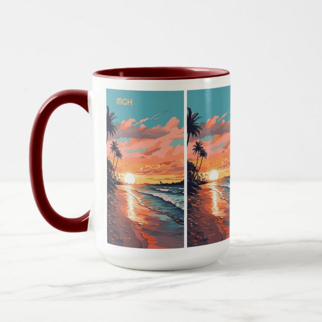 Custom Monogram Tropical Beach Sunset Tasse (Links)