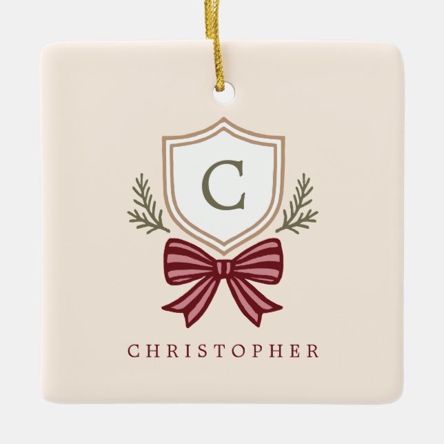Custom Monogram Wappen Bow Christmas Keramikornament (Vorderseite)