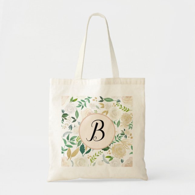 Custom Monogram Watercolor Green Ivy Floral Bloom Tragetasche (Vorne)