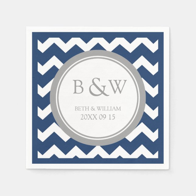 Custom Monogram Wedding Napkin Blue Gray Zickzack Serviette (Vorderseite)